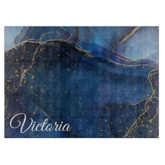 ネイビーブルーアゲート金ゴールド静脈と名前 カッティングボード (正面)