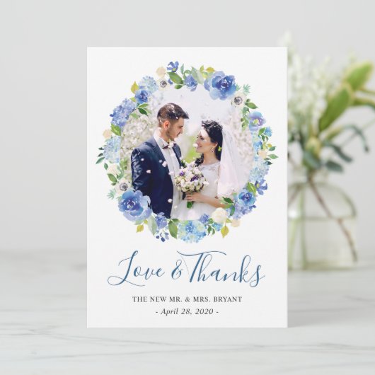 ネイビーブルーアジサイフローラリース写真ありがとう サンキューカード (スタンド正面)