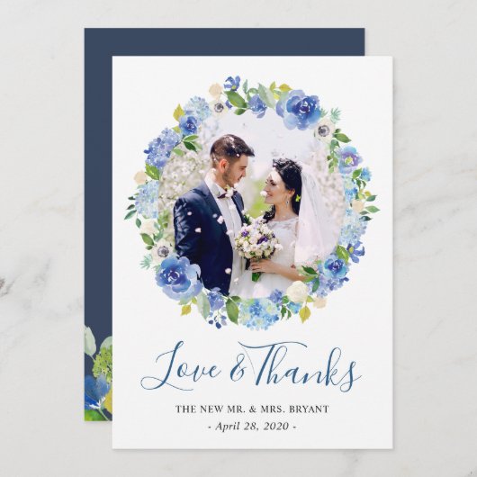 ネイビーブルーアジサイフローラリース写真ありがとう サンキューカード (正面/裏面)