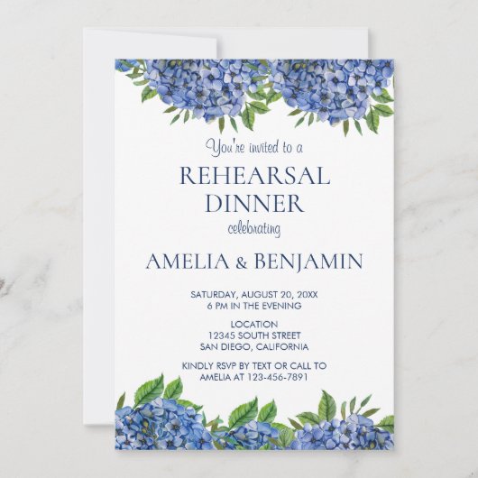 ネイビーブルーアジサイ結婚ウッドリハーサルディナー 招待状 (正面)