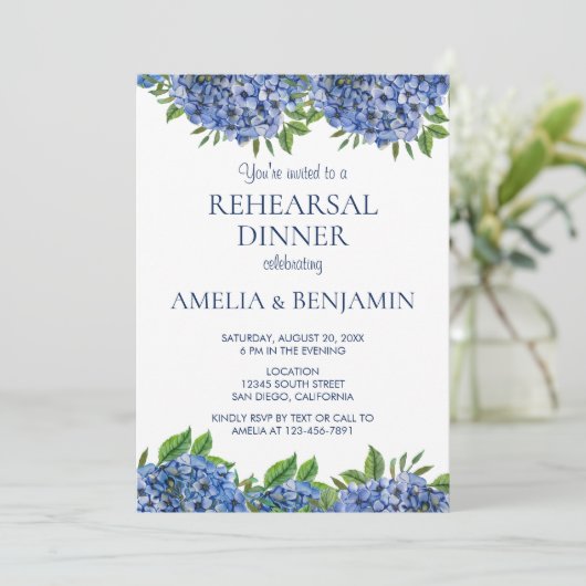 ネイビーブルーアジサイ結婚ウッドリハーサルディナー 招待状 (スタンド正面)