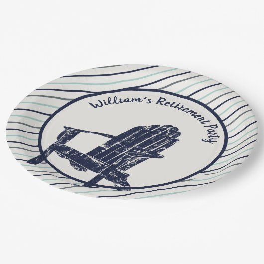 ネイビーブルーアディロンドック椅子カスタムメッセージストライプの ペーパープレート (アングル)