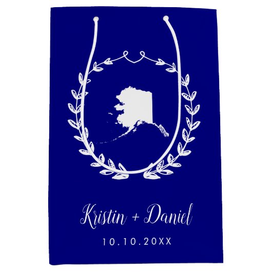 ネイビーブルーアラスカ結婚地図の歓迎スワッグ ミディアムペーパーバッグ (正面)