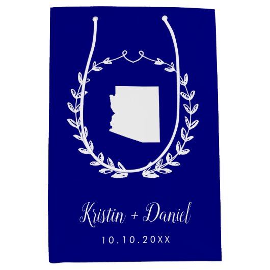 ネイビーブルーアリゾナの結婚地図の歓迎スワッグ ミディアムペーパーバッグ (正面)