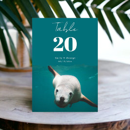 ネイビーブルーアンダーウォーターアクアシーライオン結婚沿岸 テーブルナンバー