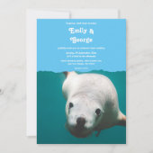 ネイビーブルーアンダーウォーターアクアシーライオン結婚沿岸 招待状 (正面)