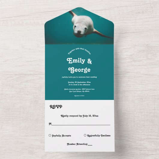 ネイビーブルーアンダーウォーターシーライオンアクアコースト結婚ーズ オールインワン招待状 (内側)