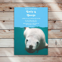 ネイビーブルーアンダーウォーターシーライオンビーチサマー結婚ズ 招待状