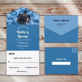 ネイビーブルーアンダーウォーター水中競技カメビーチ結婚式 オールインワン招待状