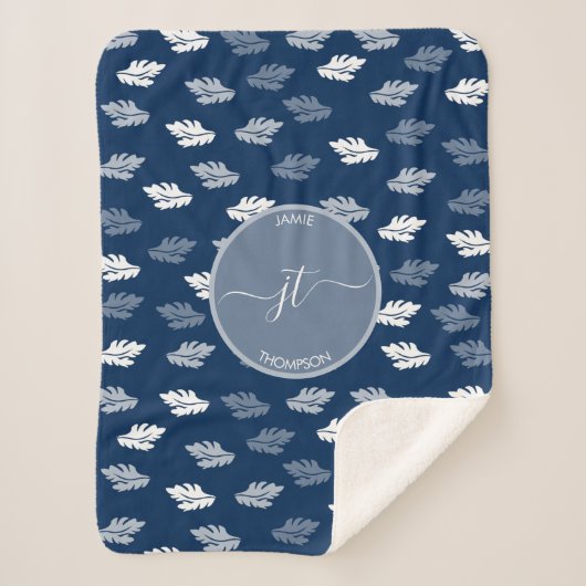 ネイビーブルーアンティーク葉パターンモノグラム シェルパブランケット (正面)