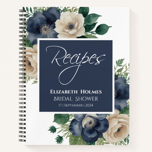ネイビーブルーアンドクリームフローラブライダルシャワーレシピ ノートブック (正面)