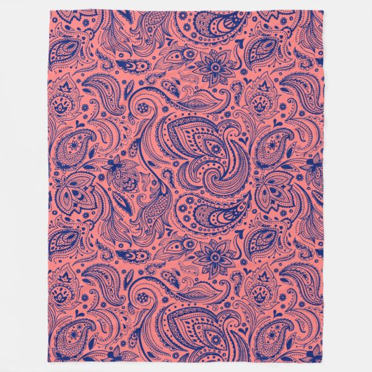 ネイビーブルーアンドコーラルレッドフローラペイズリー フリースブランケット (正面)