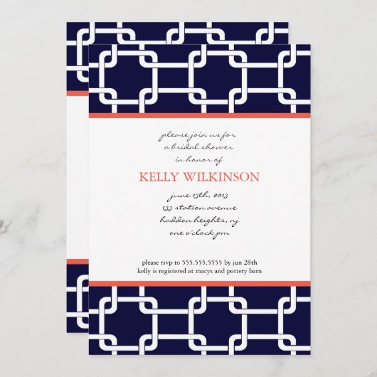 ネイビーブルーアンドコーラル名門私立校風の招待状 招待状 (正面/裏面)