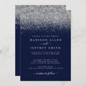 ネイビーブルーアンドシルバーグリッター結婚式招待状 案内状 (正面/裏面)
