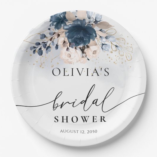 ネイビーブルーアンドダスティーバラブライダルシャワー ペーパープレート (正面)