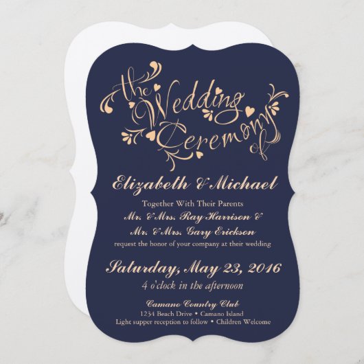 ネイビーブルーアンドピーチ結婚式招待状 招待状 (正面/裏面)