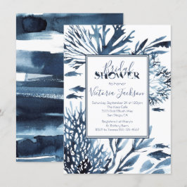ネイビーブルーアンドホワイトコーラルリーフブライダルシャワー 招待状