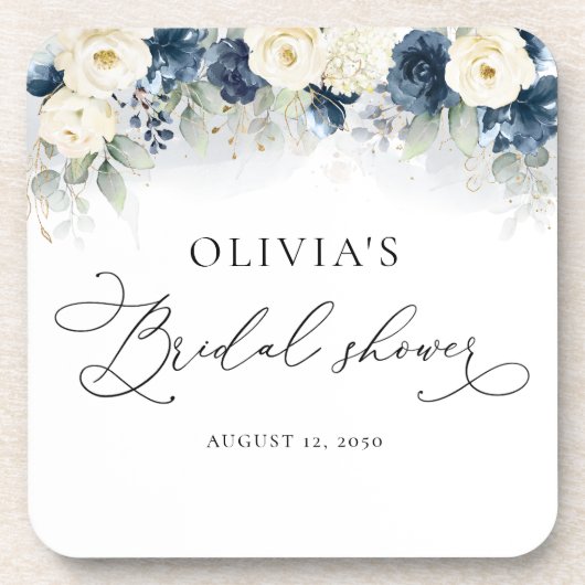 ネイビーブルーアンドホワイトローズブライダルシャワー コースター (正面)
