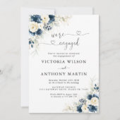 ネイビーブルーアンドホワイトローズ婚約パーティ 招待状 (正面)