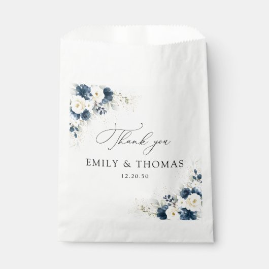 ネイビーブルーアンドホワイトローズ結婚式の引き出物バッグ フェイバーバッグ (正面)