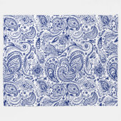 ネイビーブルーアンドホワイトヴィンテージフローラペイズリー フリースブランケット (正面(横))