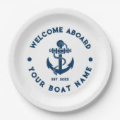 ネイビーブルーアンドホワイトヴィンテージ航海のボートいかり ペーパープレート (正面)