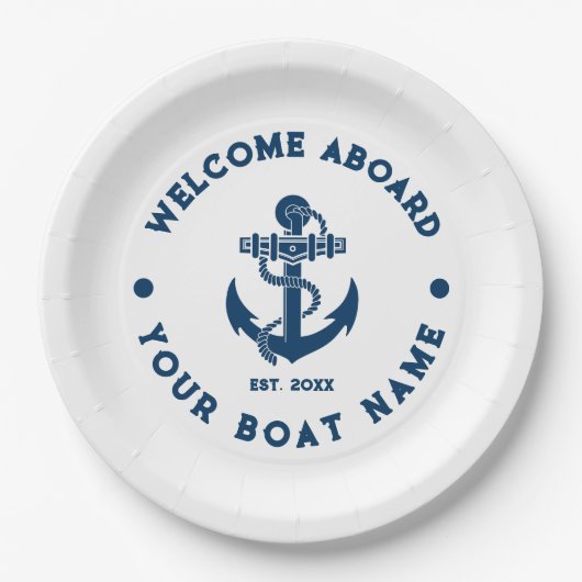 ネイビーブルーアンドホワイトヴィンテージ航海のボートいかり ペーパープレート (正面)