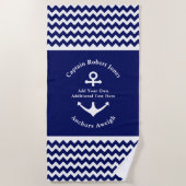 ネイビーブルーアンドホワイト航海のいかりカスタム文字 ビーチタオル (正面)