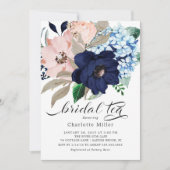 ネイビーブルーアンド赤面フラワーズブライダルシャワーティー 招待状 (正面)