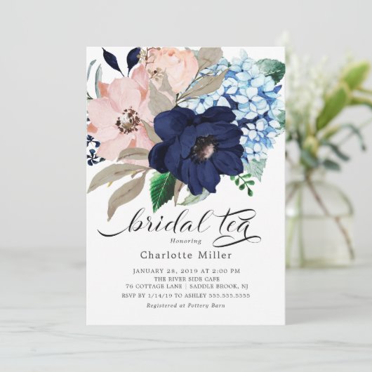 ネイビーブルーアンド赤面フラワーズブライダルシャワーティー 招待状 (スタンド正面)