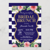 ネイビーブルーアンド金ゴールドブライダルブランチ招待状フローラ 招待状 (正面/裏面)