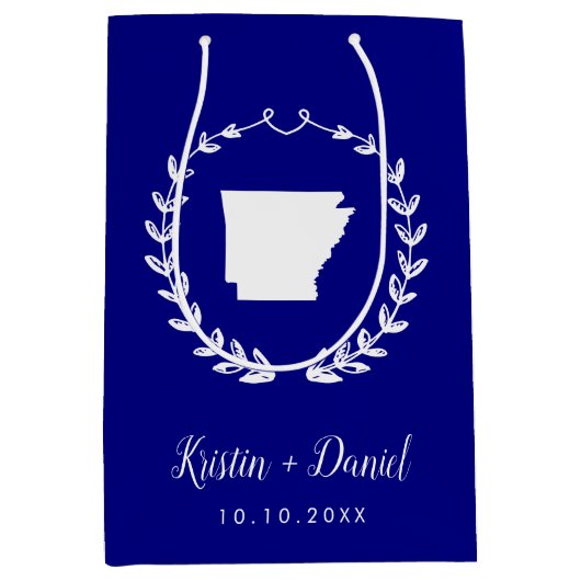 ネイビーブルーアーカンソー結婚ス地図の歓迎スワッグ ミディアムペーパーバッグ (正面)