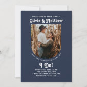 ネイビーブルーアーチフォトシンプルレトロgroovy結婚ズ 招待状 (正面)