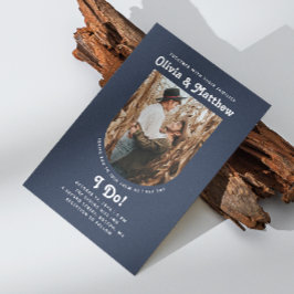 ネイビーブルーアーチフォトシンプルレトロgroovy結婚ズ 招待状