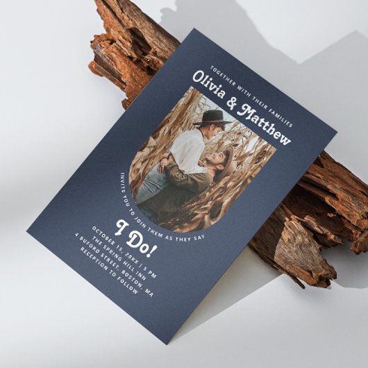 ネイビーブルーアーチフォトシンプルレトロgroovy結婚ズ 招待状