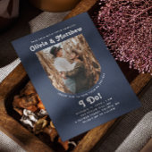 ネイビーブルーアーチフォトシンプルレトロgroovy結婚ズ 招待状