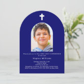 ネイビーブルーアーチフォトボーイファースト聖餐式 招待状 (スタンド正面)