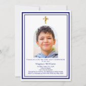 ネイビーブルーアーチフォトボーイファースト聖餐式 招待状 (正面)