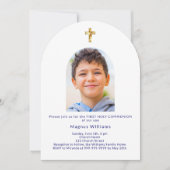 ネイビーブルーアーチフォトボーイファースト聖餐式 招待状 (正面)