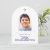 ネイビーブルーアーチフォトボーイファースト聖餐式 招待状 (スタンド正面)