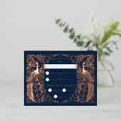 ネイビーブルーアールデコピーコックバラ金ゴールドRsvpカード 箔シーズンポストカード (立ち正面)