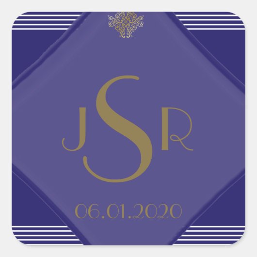 ネイビーブルーアールデコポ結婚スのモノグラムシール スクエアシール (正面)