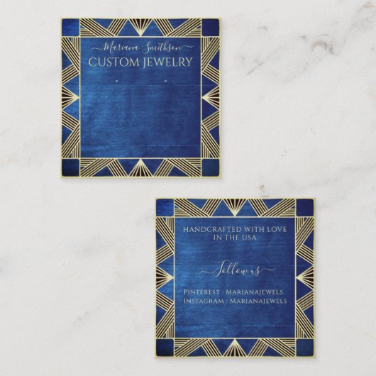 ネイビーブルーアールデコ大型イヤリングディスプレイカード スクエア名刺 (正面/裏面)