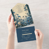 ネイビーブルーアールヌーボー結婚ズ オールインワン招待状 (貼ってはがせる)