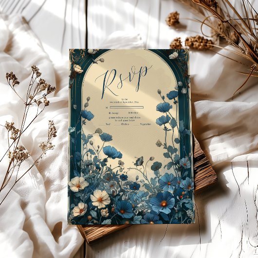 ネイビーブルーアールヌーボー結婚ズ 出欠カード