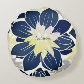 ネイビーブルーイエローグレーウォーター色フローラルパターン ラウンドクッション (裏面)