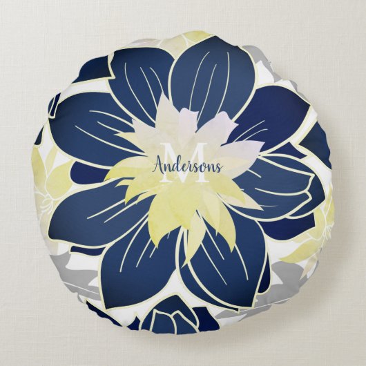 ネイビーブルーイエローグレーウォーター色フローラルパターン ラウンドクッション (裏面)