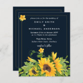 ネイビーブルーイエローサンフラワーウェディング招待状 (正面/裏面)