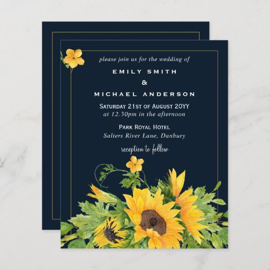 ネイビーブルーイエローサンフラワーウェディング招待状 (正面/裏面)