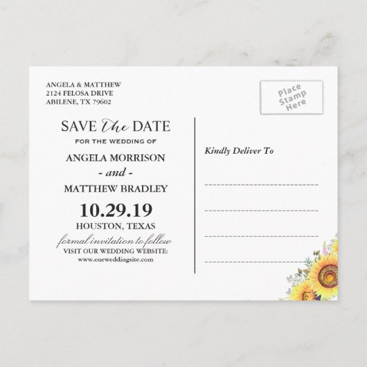 ネイビーブルーイエローサンフラワーウェディング日付を保存 案内ポストカード (裏面)